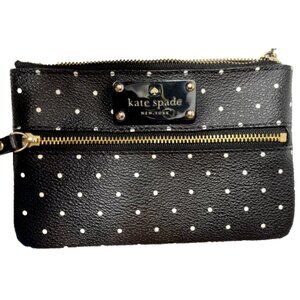 Kate Spade New York Black & White Polka Dot Wristlet PVC Leather 2 Zippers Purse